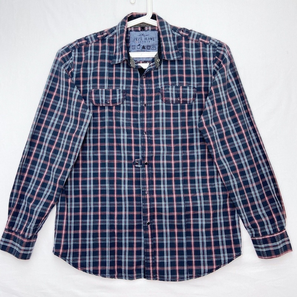 Pepe Jeans London Mens XL Snap Front Shirt Embroidered Crest Epaulettes Plaid